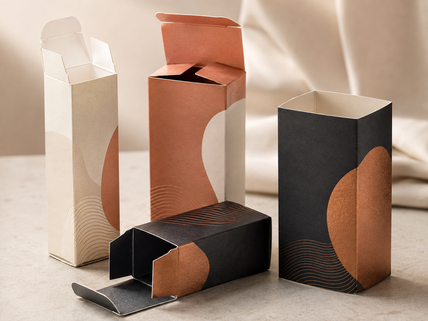 Premium printed folding paperboard cartons showing tuck flaps and carton construction